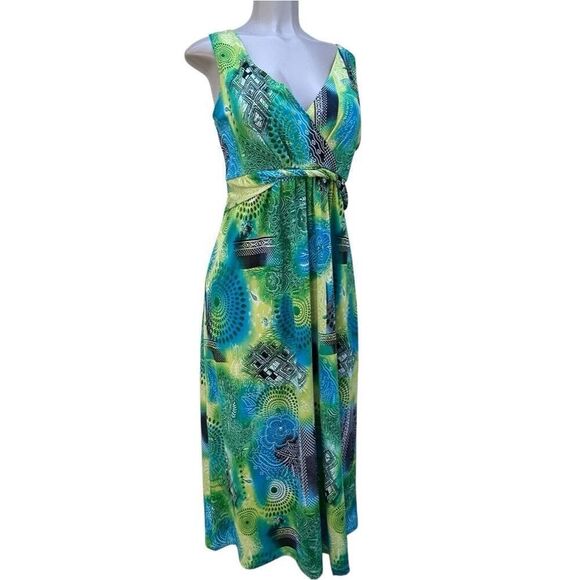 Maxi Dress Women's Medium Blue Green Abstract Mix Print Surplice Neck Sleeveless - Picture 4 of 14